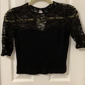 Lace Neckline + Sleeve, Black t-shirt Top